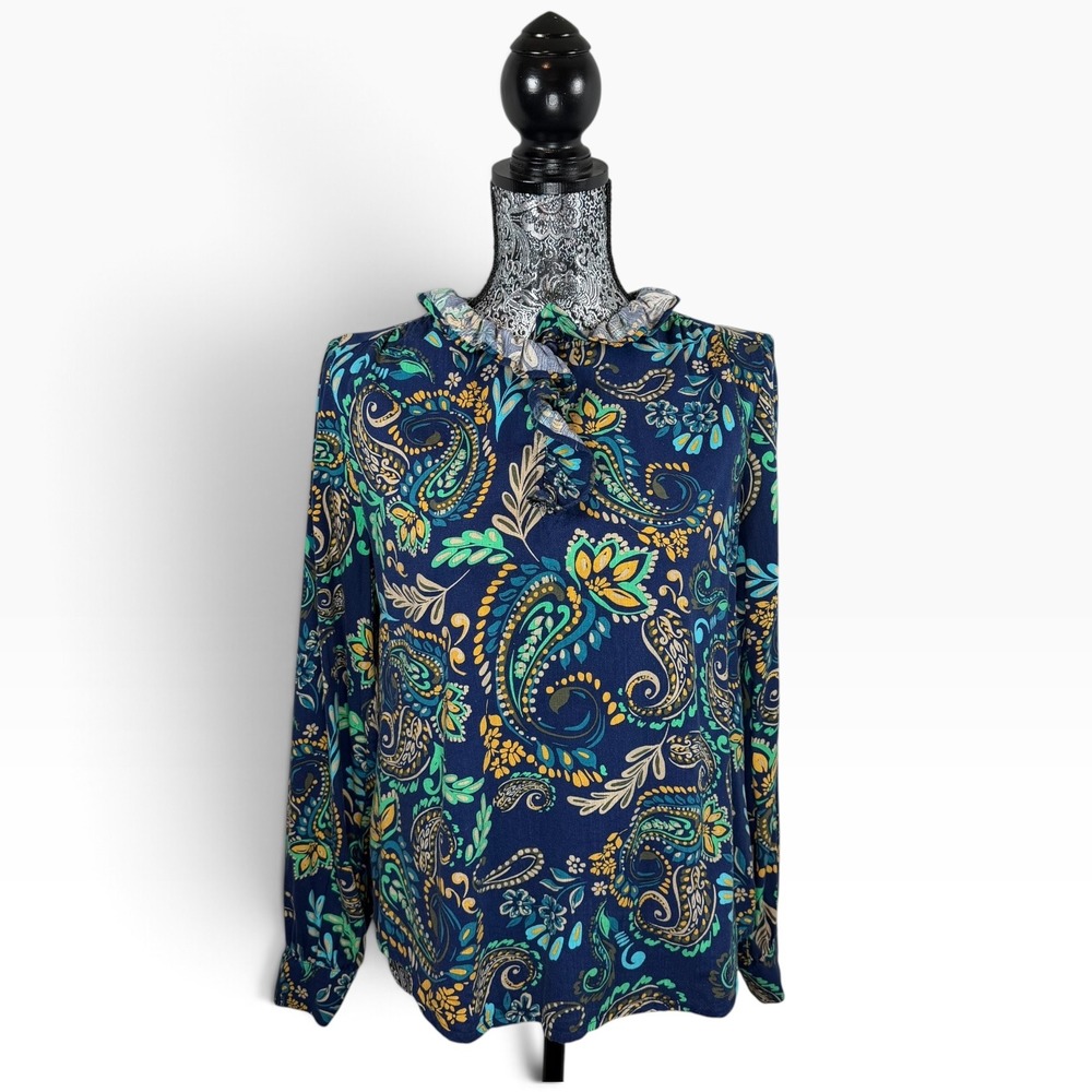 St John's Bay Women's Small Paisley Floral Ruffle Neck Long Sleeve Blouse Boho